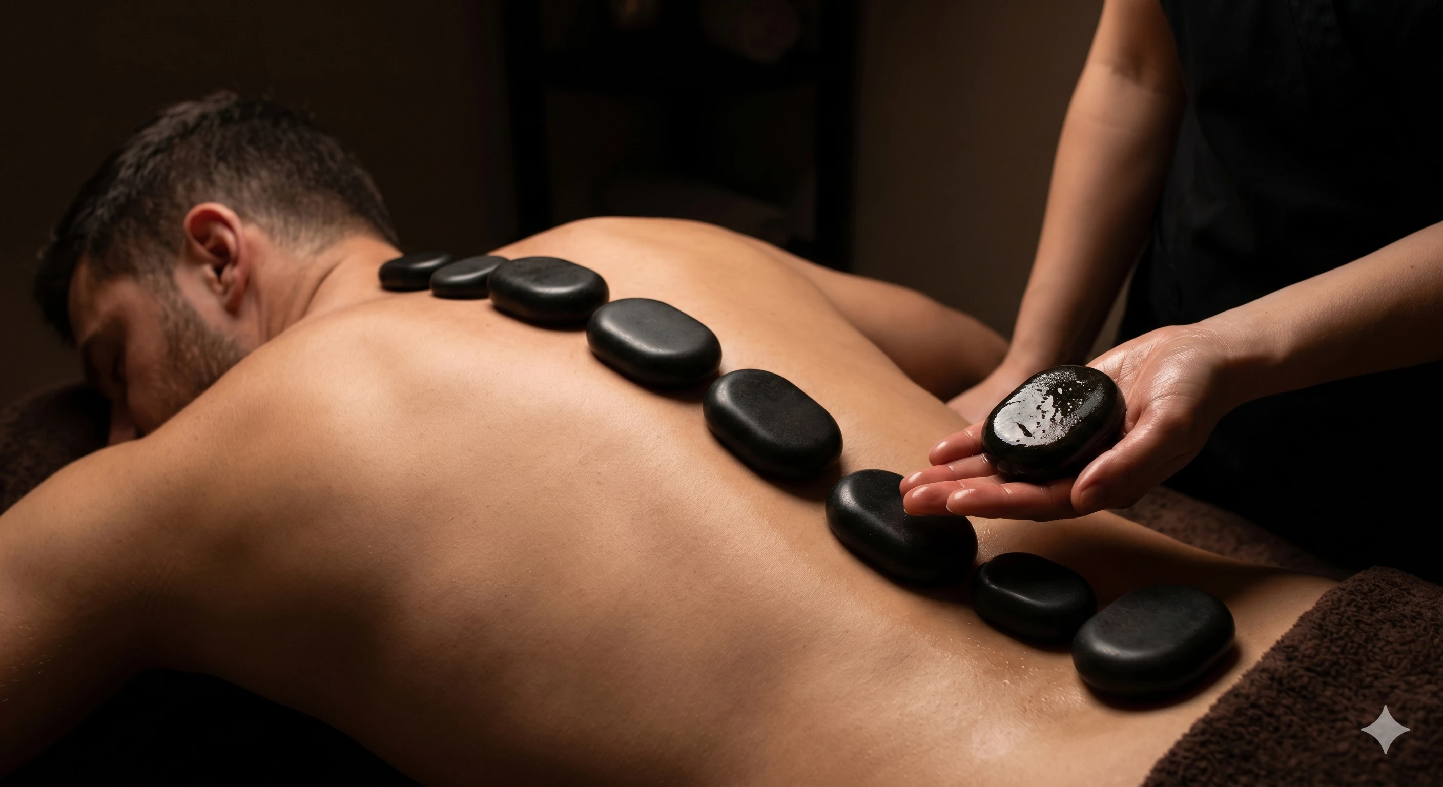 Heated Volcanic Stones placed on back for massage
